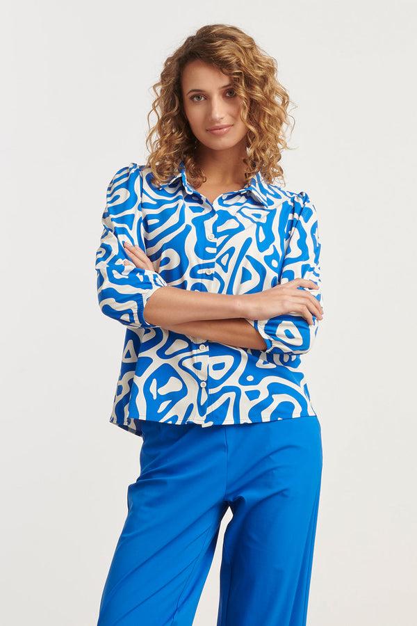 smashed lemon 25249 Cobaltte Graphic Geprinte Blousetravelkwaliteit | Cobalt Blue-White