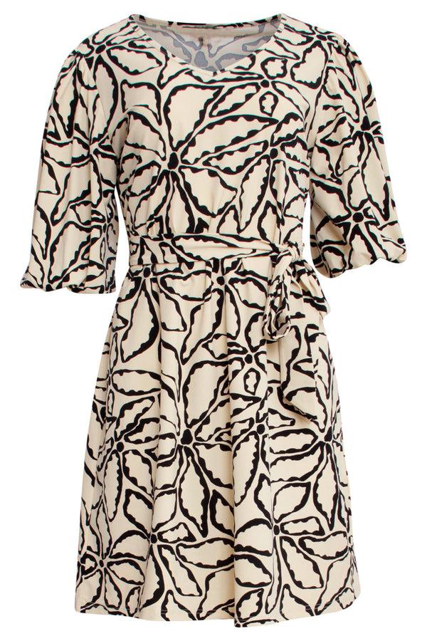 Smashed Lemon 25255 E Bloemen Geprinte Balloon Mouw Jurktravelkwaliteit | Sand-Black
