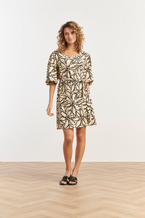 Smashed Lemon 25255 E Bloemen Geprinte Balloon Mouw Jurktravelkwaliteit | Sand-Black