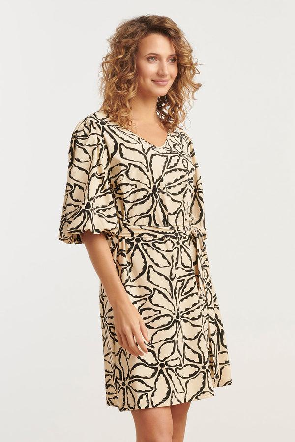 Smashed Lemon 25255 E Bloemen Geprinte Balloon Mouw Jurktravelkwaliteit | Sand-Black