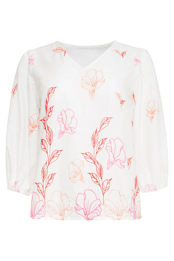 Smashed Lemon 25262 Te Top Met Bloemenborduurselsv-Hals | White-Multicolour