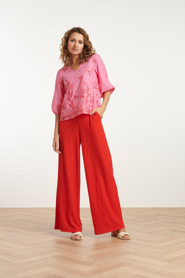 Smashed Lemon 25262 Top Met Bloemenborduurselsv-Hals | Pink-Red