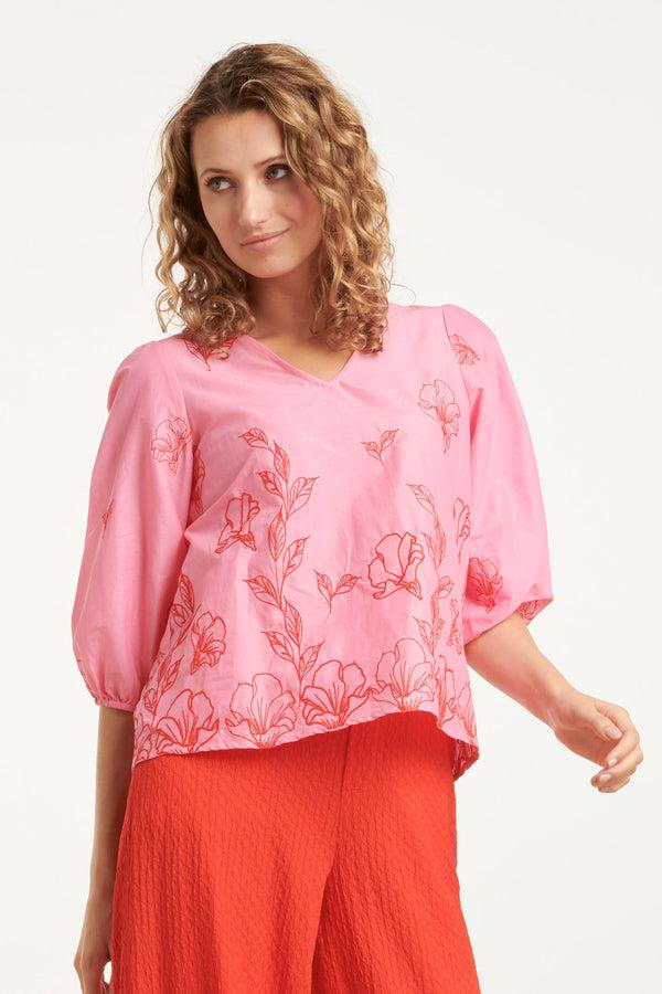 Smashed Lemon 25262 Top Met Bloemenborduurselsv-Hals | Pink-Red