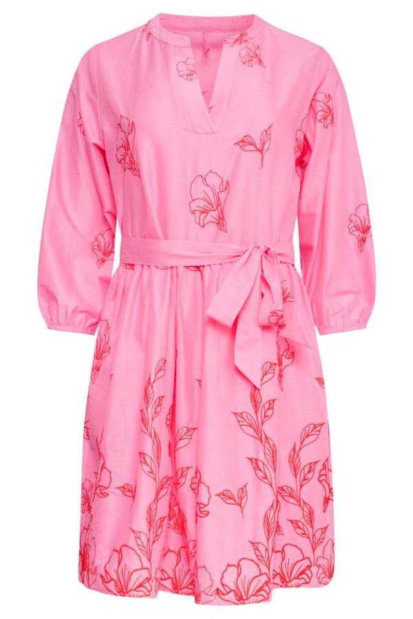 Smashed Lemon 25263 Bloemen Geborduurde Korte Jurk Met V-Hals | Pink-Red