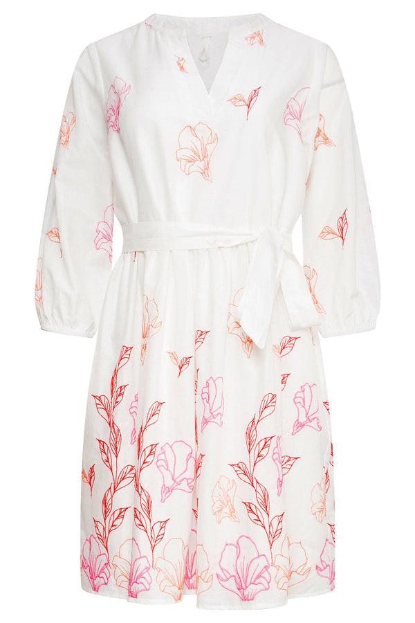 Smashed Lemon 25263 Te Bloemen Geborduurde Korte Jurk Met V-Hals | White-Multicolour