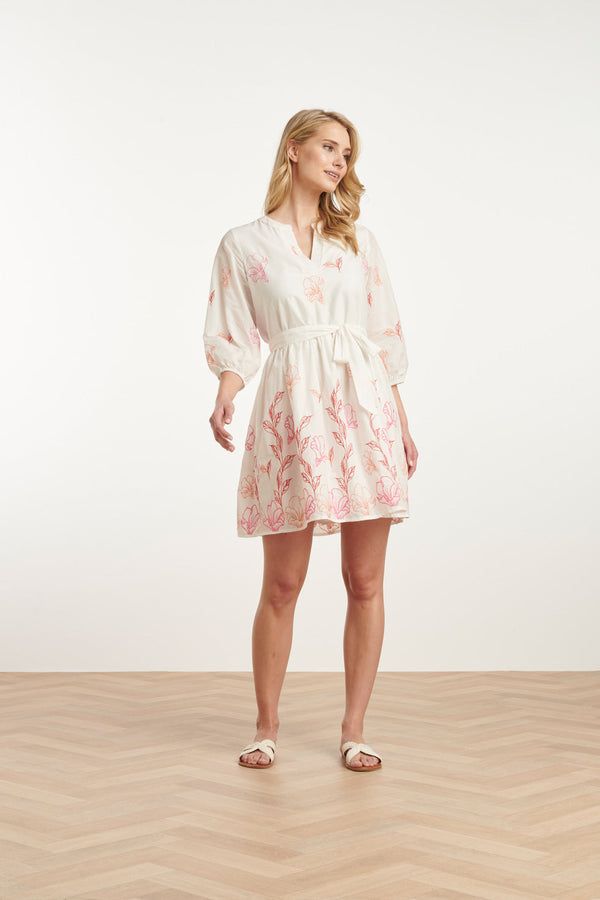 Smashed Lemon 25263 Te Bloemen Geborduurde Korte Jurk Met V-Hals | White-Multicolour