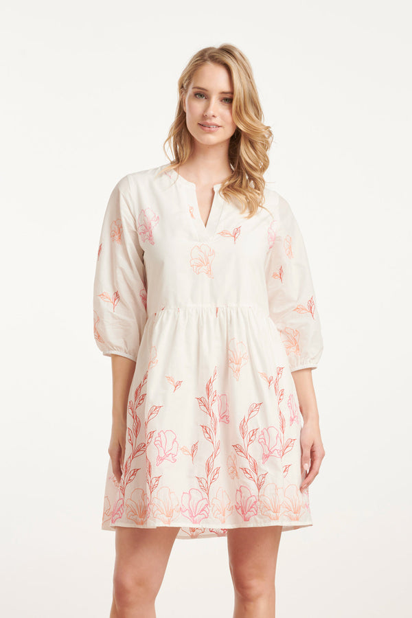 smashed lemon 25263 Te Bloemen Geborduurde Korte Jurk Met V-Hals | White-Multicolour