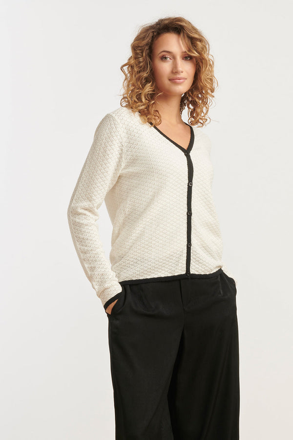 Smashed Lemon 25265 Off White Knitted Cardigan Met E Contrast Details | Offwhite-Black