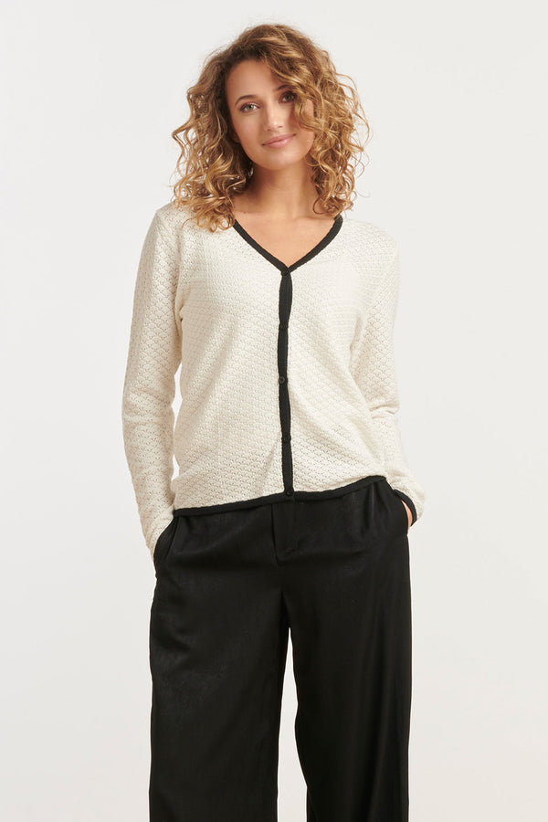smashed lemon 25265 Off White Knitted Cardigan Met E Contrast Details | Offwhite-Black
