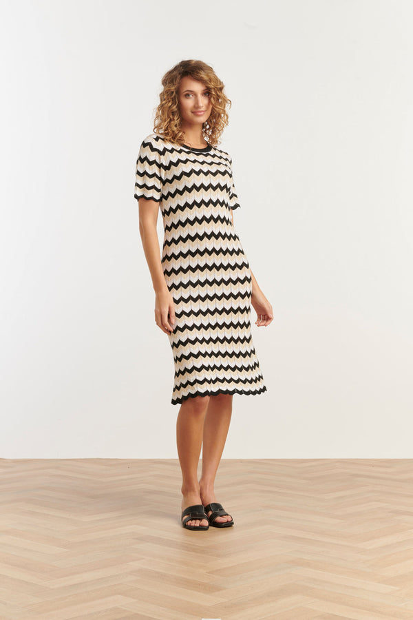 Smashed Lemon 25267 Zigzag Gebreide Jurk | Sand-Black