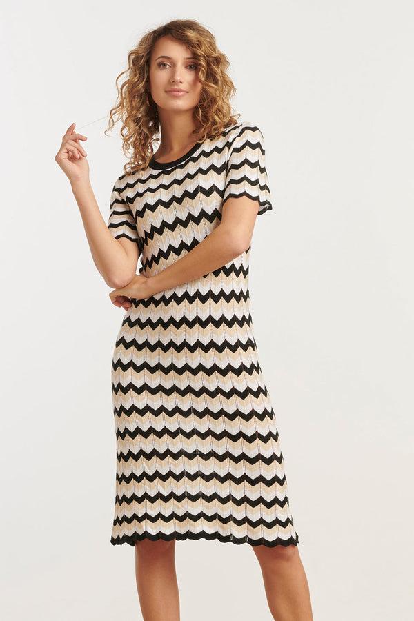 smashed lemon 25267 Zigzag Gebreide Jurk | Sand-Black smashed lemon 25267 Zigzag Gebreide Jurk | Sand-Black