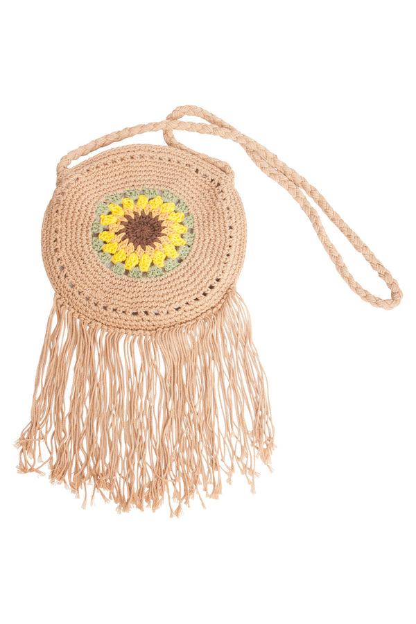 Smashed Lemon 56024 Gehaakte Ronde Crossbody Tas - Donker Met Zonnebloemprint | Dark Sand-Multi