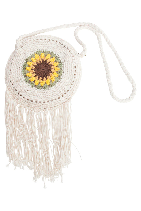 Smashed Lemon 56024 Gehaakte Ronde Crossbody Tas - Met Zonnebloemprint | White-Multicolour