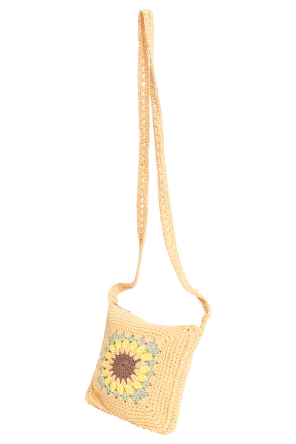 Smashed Lemon 56025 Gehaakte Vierkante Crossbody Tas - Donker Met Zonnebloemprint | Dark Sand-Multi