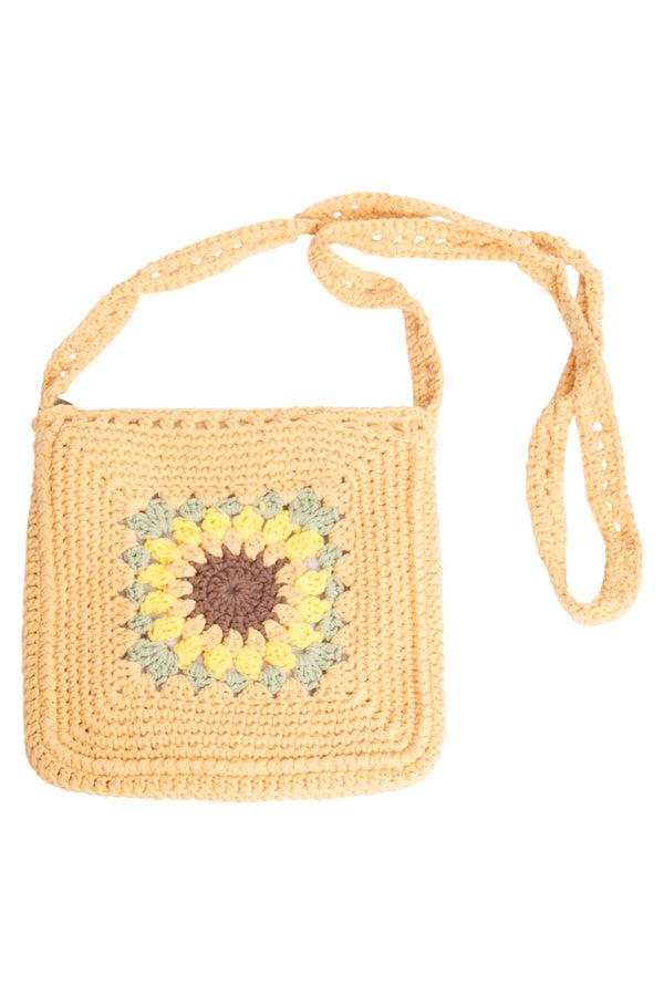 Smashed Lemon 56025 Gehaakte Vierkante Crossbody Tas - Donker Met Zonnebloemprint | Dark Sand-Multi