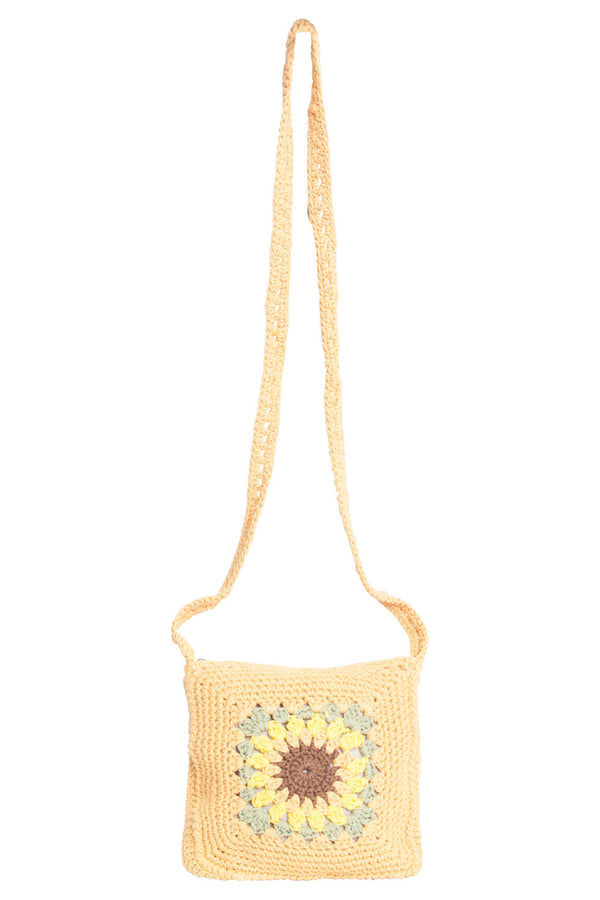 smashed lemon 56025 Gehaakte Vierkante Crossbody Tas - Donker Met Zonnebloemprint | Dark Sand-Multi