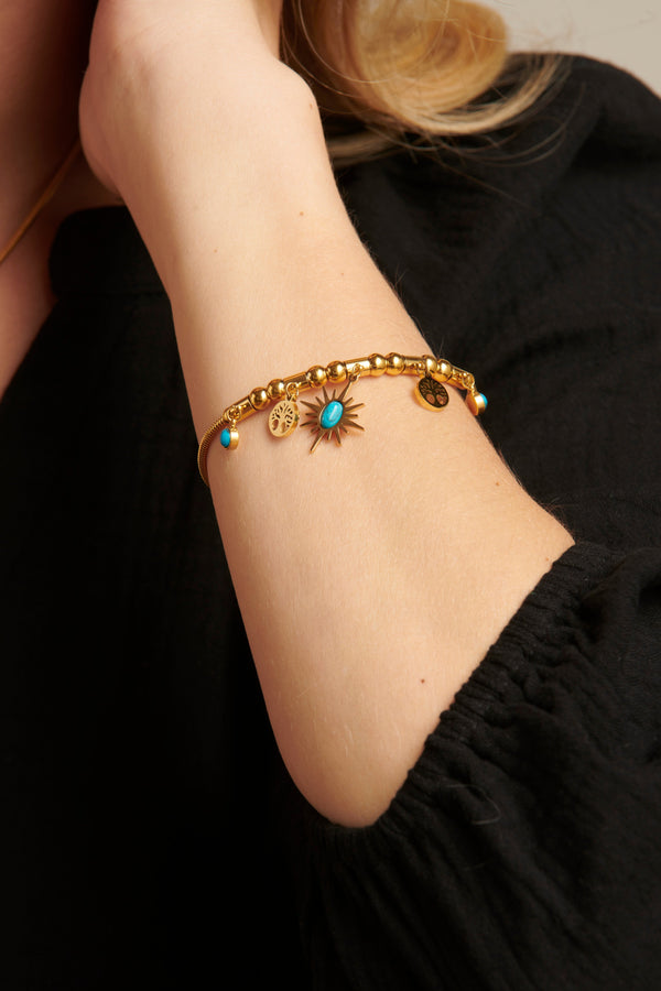 Smashed Lemon 62050 Fijne Roestvrijstalen Armband Met Bohemian Turquoise Hangers | Gold