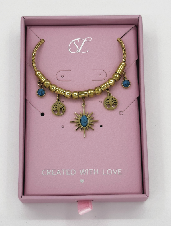 Smashed Lemon 62050 Fijne Roestvrijstalen Armband Met Bohemian Turquoise Hangers | Gold