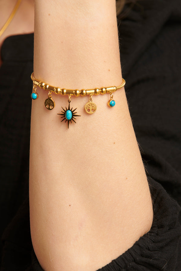 smashed lemon 62050 Fijne Roestvrijstalen Armband Met Bohemian Turquoise Hangers | Gold