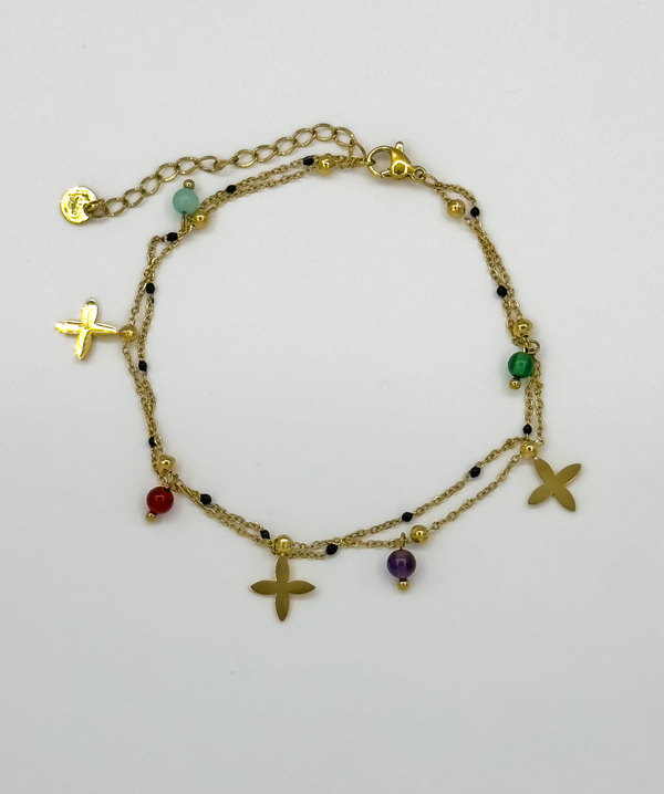 Smashed Lemon 62051 Fijne Roestvrijstalen Dubbele Ketting Met Bloemvormige Hangerskwartssteentjes | Gold