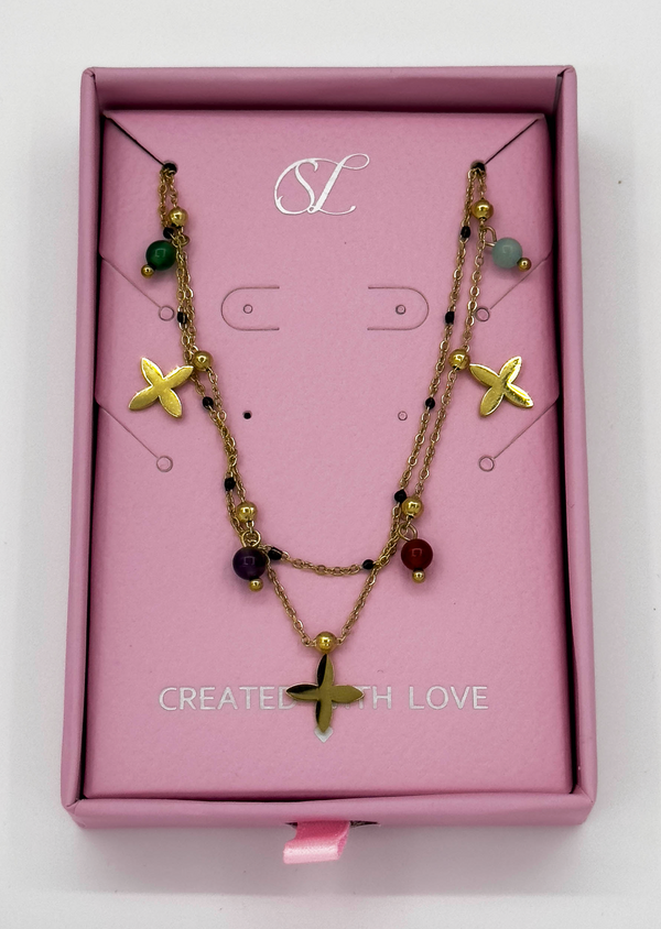 smashed lemon 62051 Fijne Roestvrijstalen Dubbele Ketting Met Bloemvormige Hangerskwartssteentjes | Gold