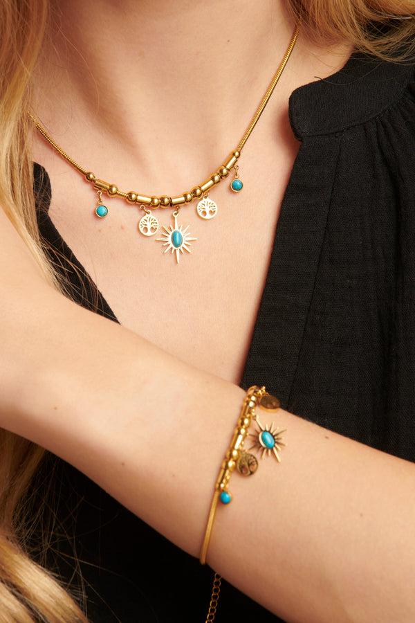 Smashed Lemon 64043 Fijne Roestvrijstalen Ketting Met Bohemian Turquoise Hangers | Gold