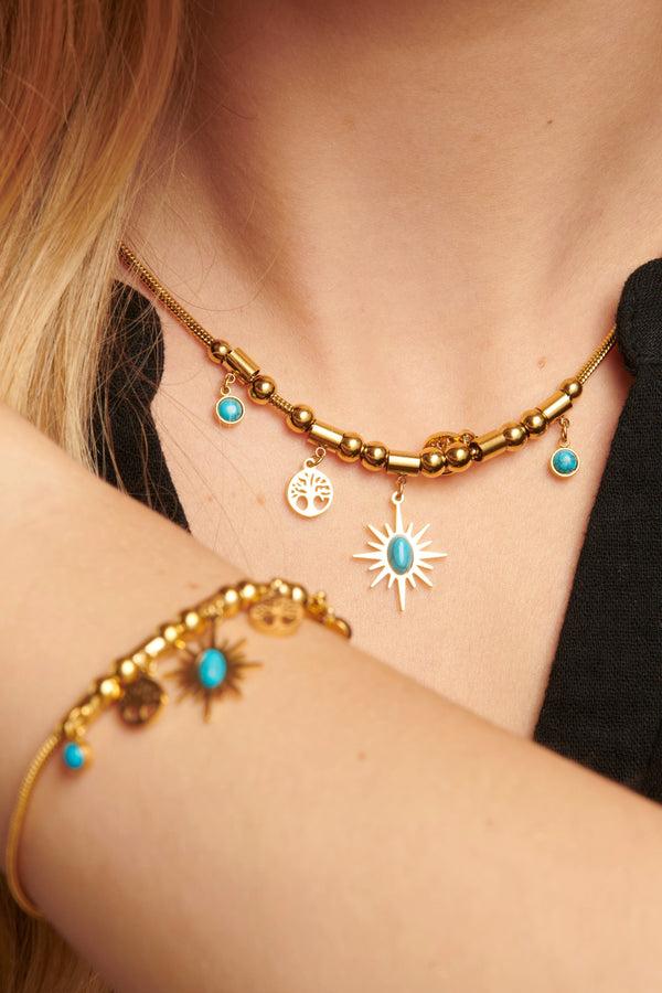 smashed lemon 64043 Fijne Roestvrijstalen Ketting Met Bohemian Turquoise Hangers | Gold