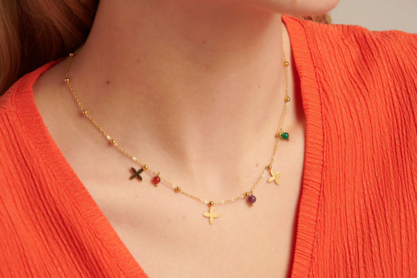 smashed lemon 64051 Fijne Roestvrijstalen Ketting Met Bloemvormige Hangerskwartsstenen | Gold