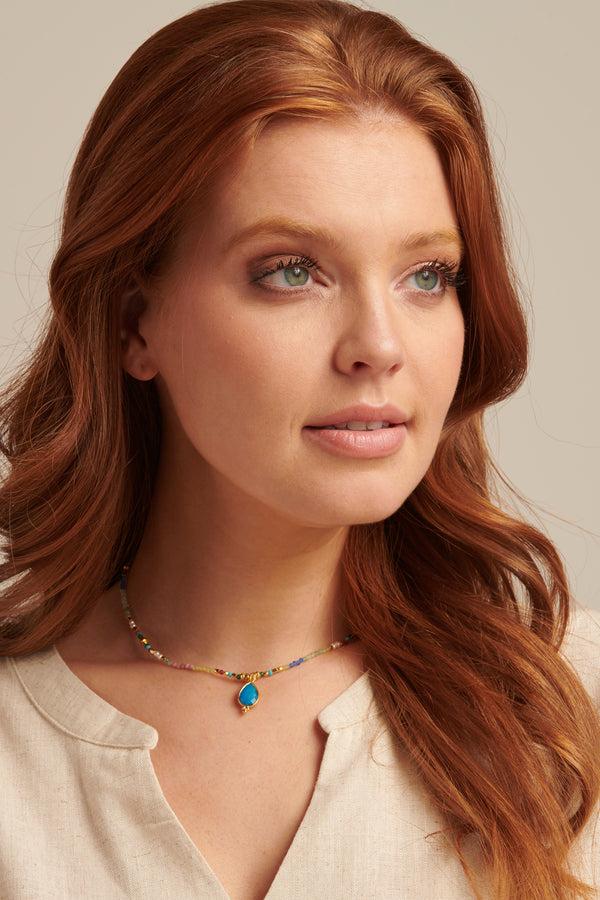 Smashed Lemon 64054 Dubbellaags Steen Kralen Ketting Met Grote Kwarts Hanger | Muticolour