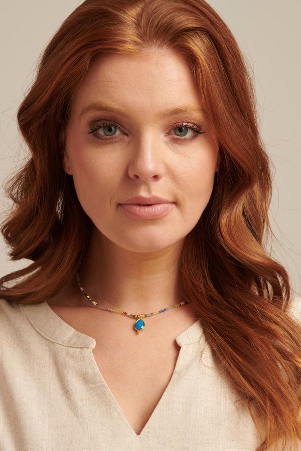 Smashed Lemon 64054 Dubbellaags Steen Kralen Ketting Met Grote Kwarts Hanger | Muticolour