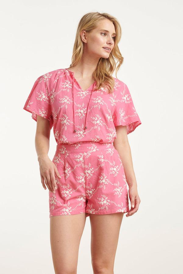 smashed lemon 25197 -Te Geborduurde Top | Pink-White