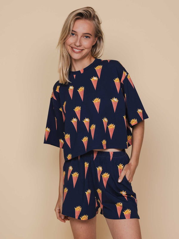 Snurk Fries Navy Cropped T-shirt En Shorts Set Dames