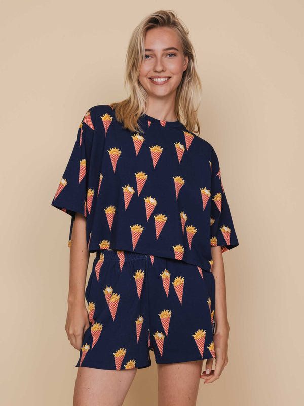 snurk Fries Navy Cropped T-shirt en Shorts set Dames
