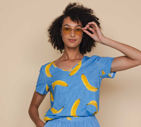 snurk Banana Blue V-neck T-shirt Dames