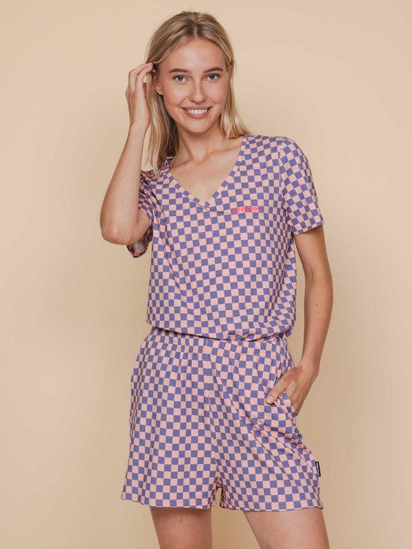 Snurk Check V-neck T-shirt En Shorts Set Dames