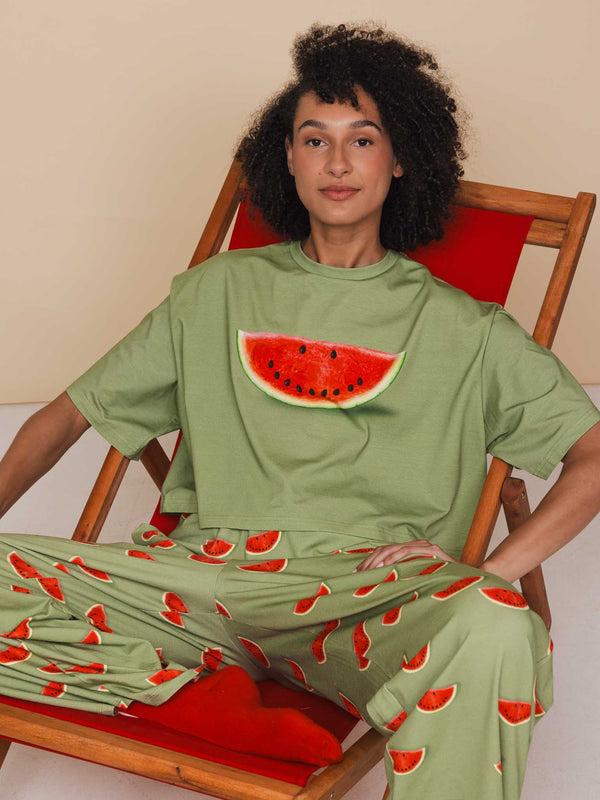 Snurk Watermelon Cropped T-shirt En Wijde Broek Set Dames