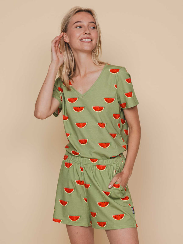 Snurk Watermelon V-neck T-shirt En Shorts Set Dames