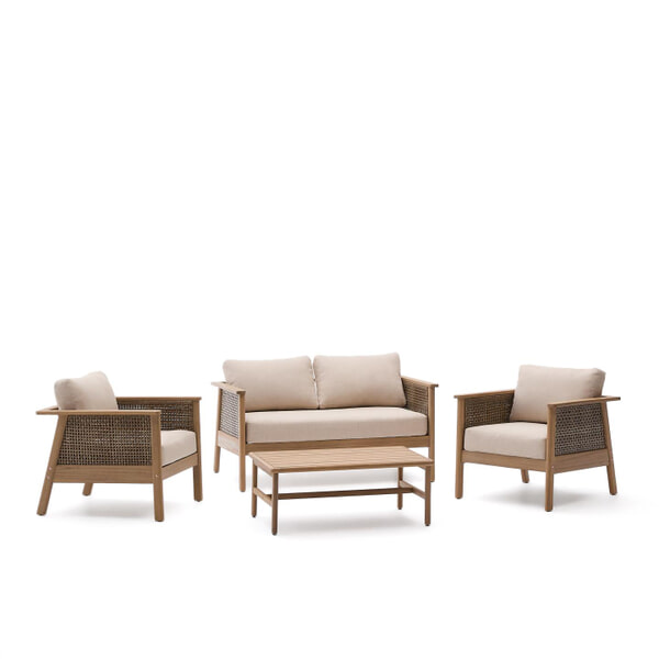 sohome Loungeset Alabe Acaciahout en rattan Met 2-zits bank 2 fauteuils en salontafel