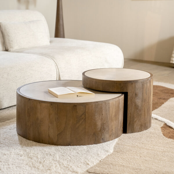 sohome Ronde Salontafel Hazel Mangohout en marmer Set van 2 stuks