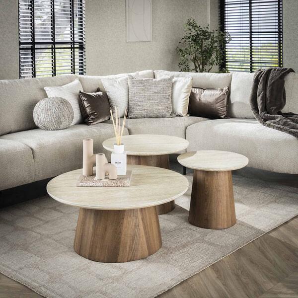 sohome Ronde Salontafel Laycie Keramiek in Travertin-look Set van 3 stuks