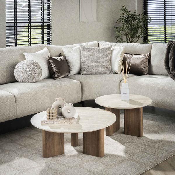 sohome Ronde Salontafel Laycie Keramiek in Travertin-look Set van 2 stuks