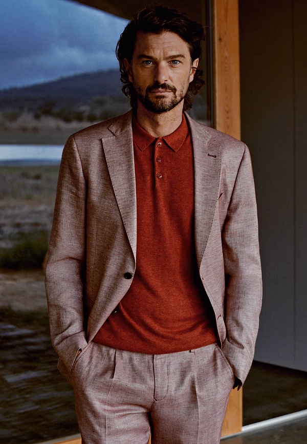 state of art ATELIER blazer van een linnenmix kersrood/warm grijs