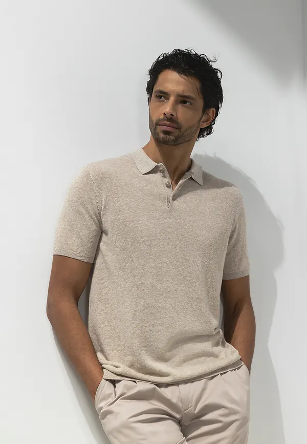 state of art ATELIER gebreide polo met korte mouwen beige uni