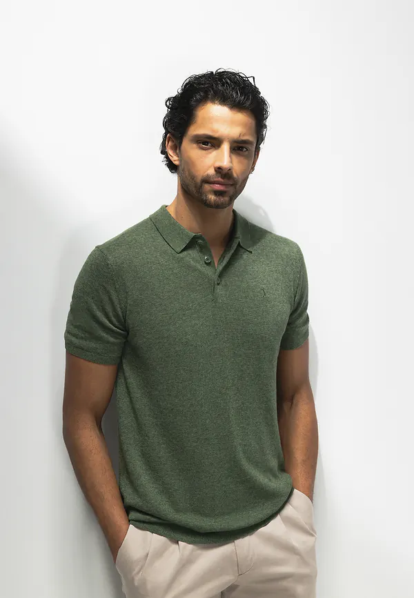 state of art ATELIER gebreide polo met korte mouwen mosgroen uni