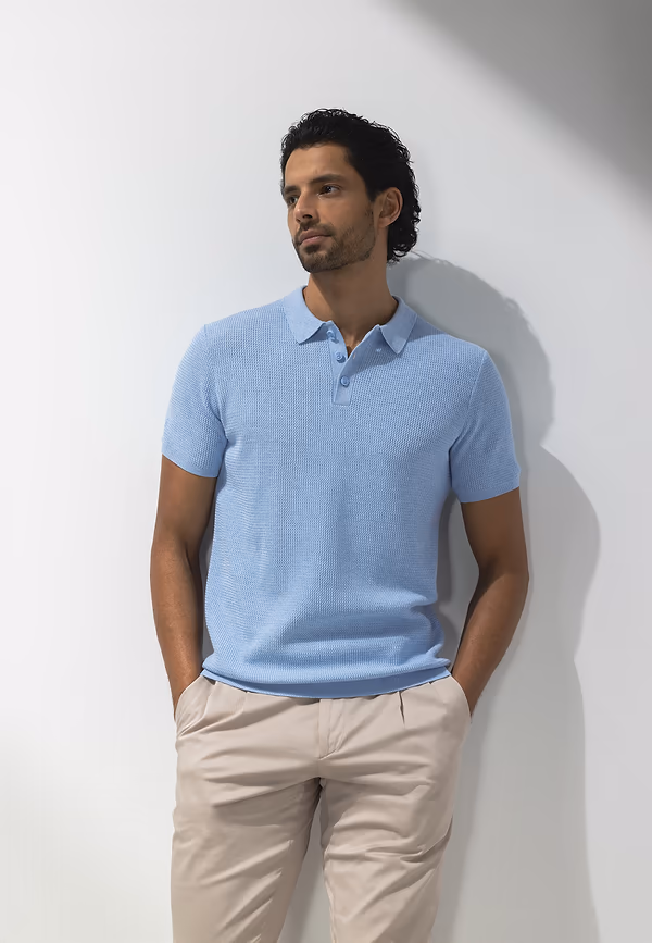 state of art ATELIER gebreide polo met structuur lichtblauw uni