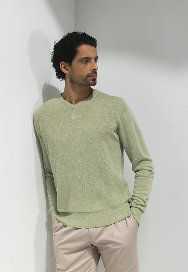 state of art ATELIER V-hals trui van een linnenmix lichtgroen uni