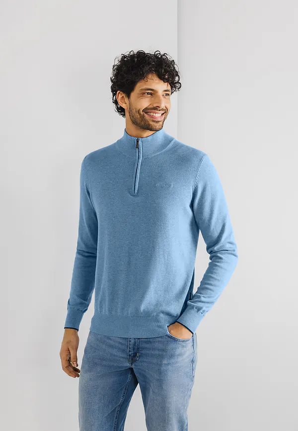 state of art Basis trui met halve rits grijsblauw uni