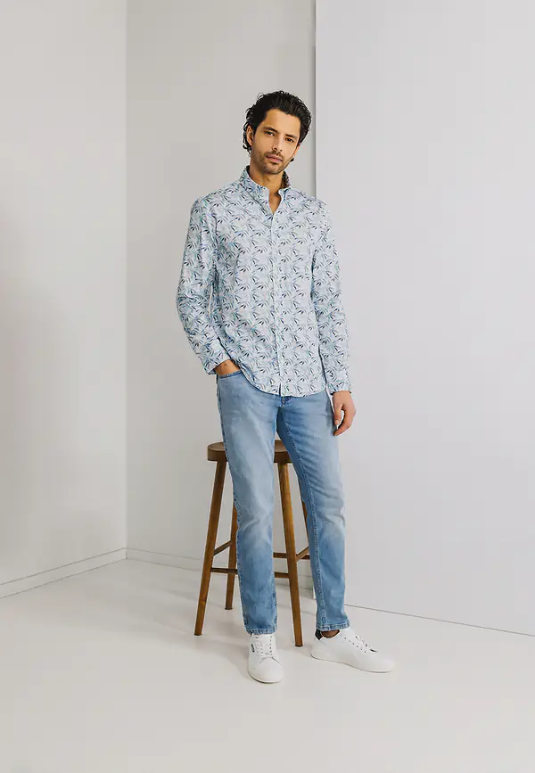 State Of Art Bedrukt Satijnen Overhemd Van Katoen Wit/middenblauw