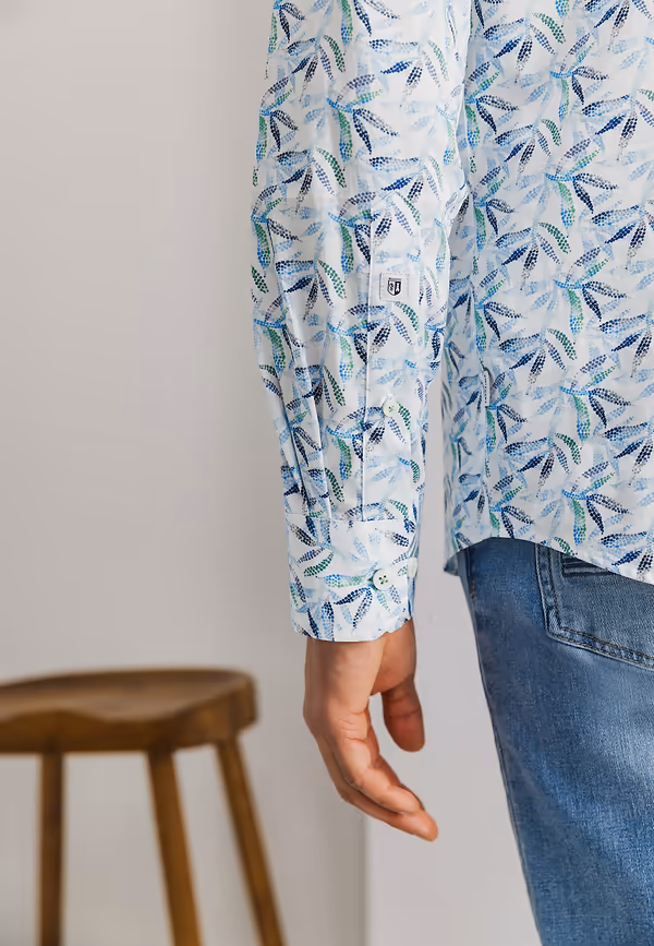 State Of Art Bedrukt Satijnen Overhemd Van Katoen Wit/middenblauw