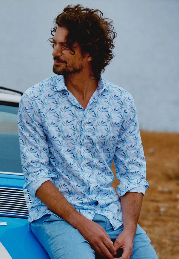 state of art Bedrukt satijnen overhemd van katoen wit/middenblauw